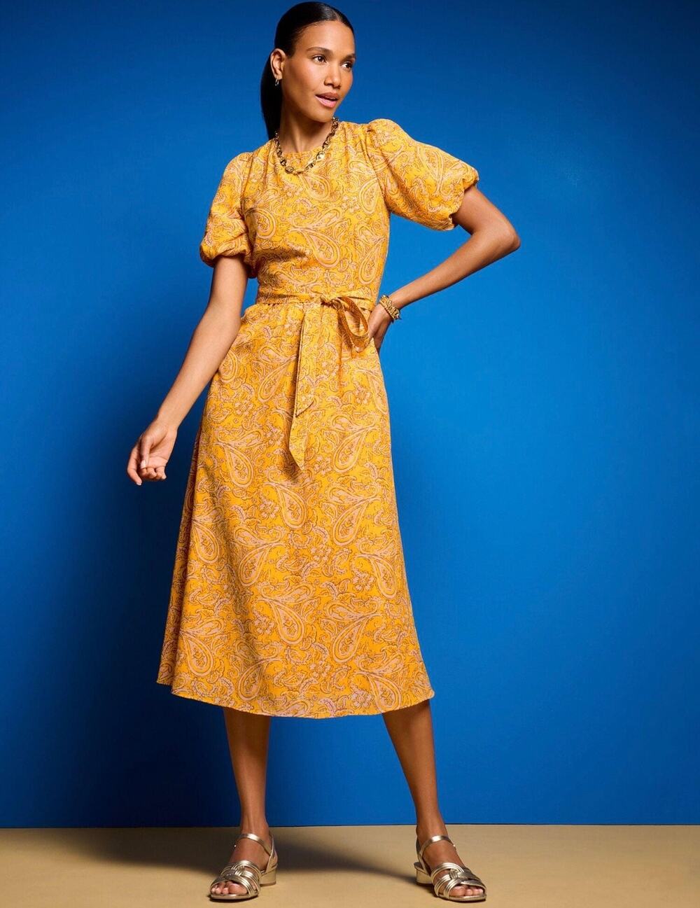 Talbots Paisley Delight Golden Yellow Puff Sleeve Belted Midi Dress Size 12